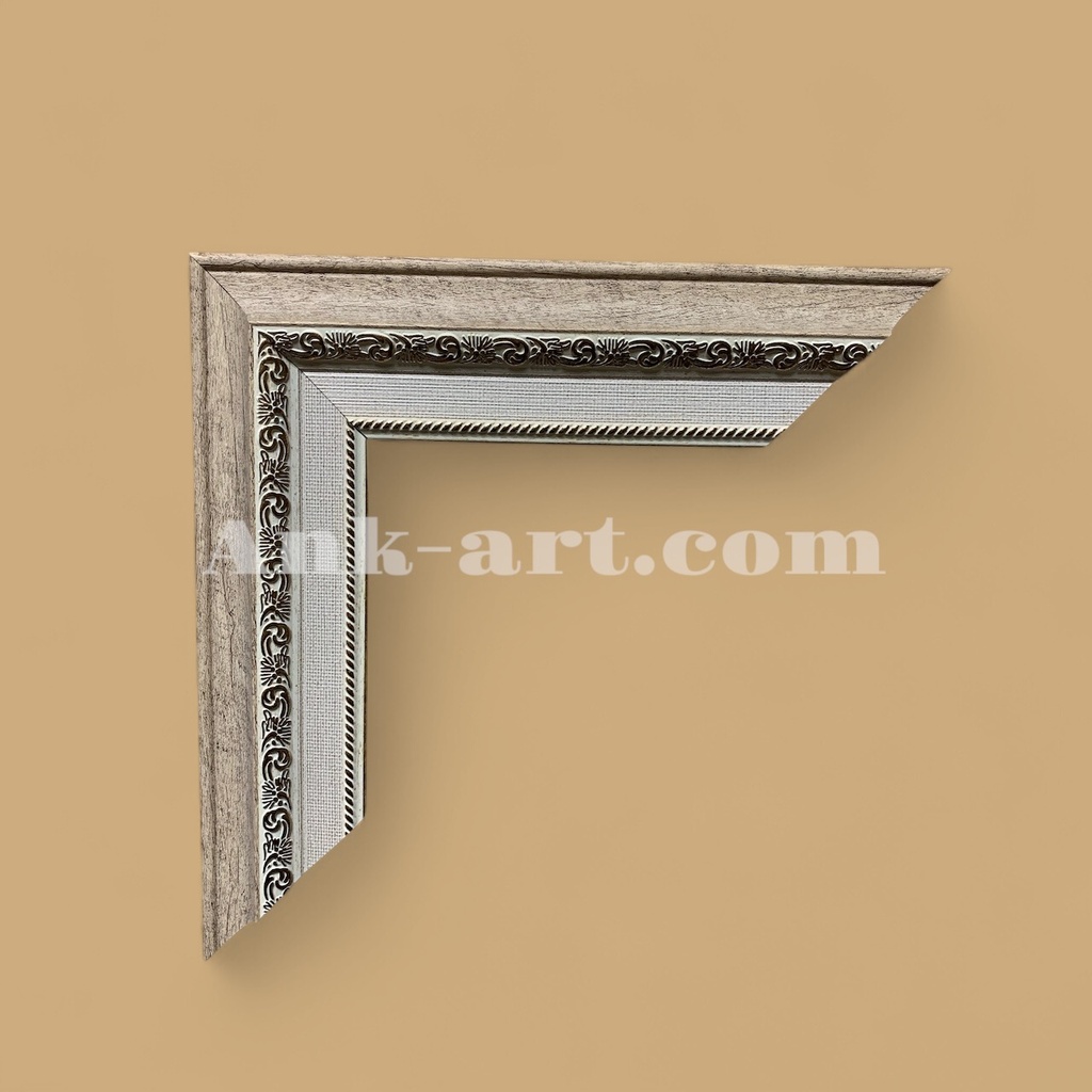 Рамка-203 "Світло-бежева з бiлим паспарту та вiзерунками". Широкий багетний профіль 58 мм. 