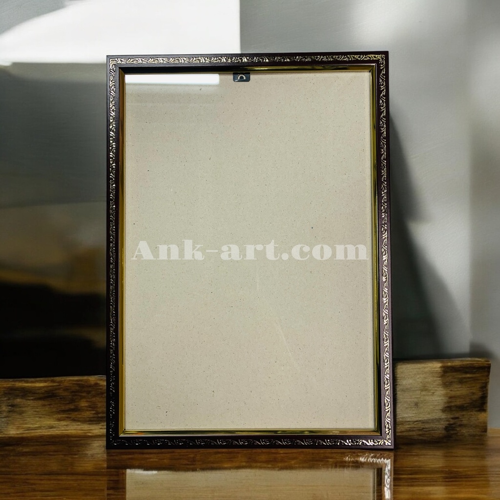 Рамка-017 "Темно-коричнева з золотим кантом та вiзерунками". Вузький (У) профіль 15 мм (Картон без ніжки з підвісами, 9х13)